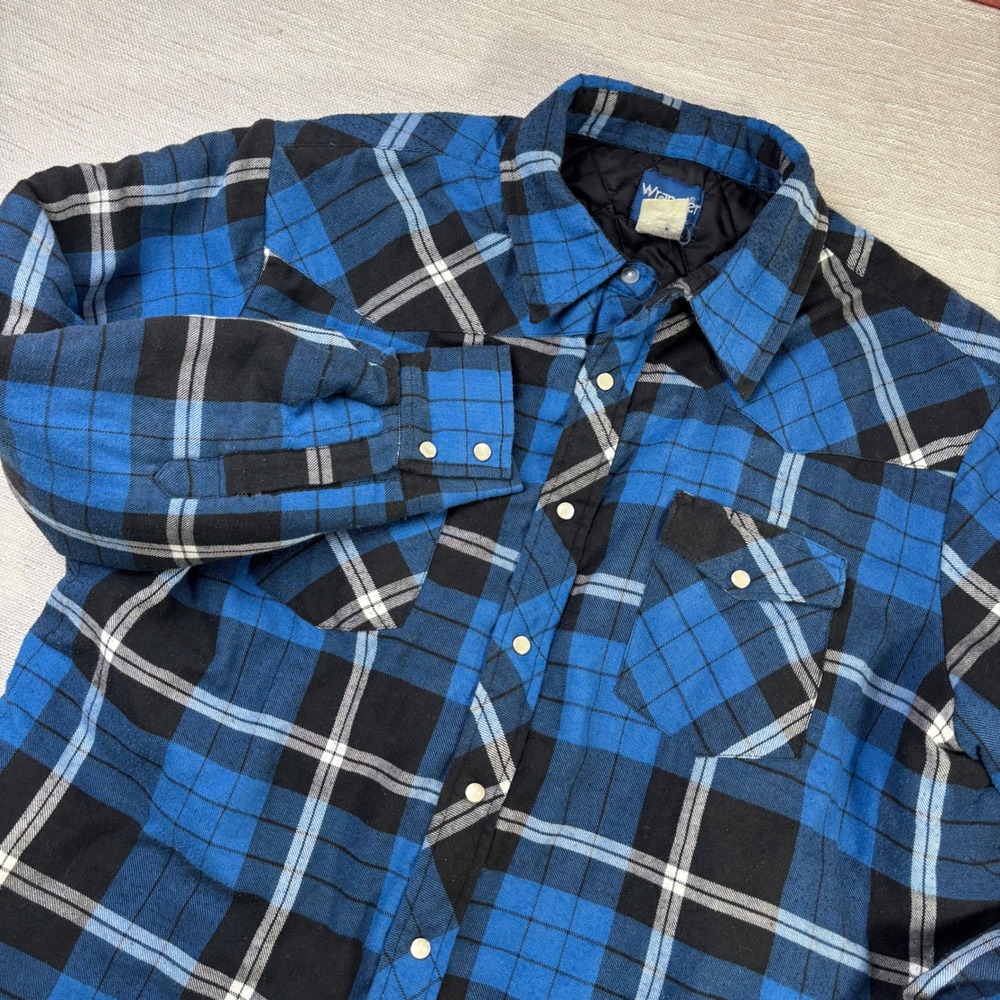 Wrangler Western Quilted Flannel Shirt Jacket Blue Black Plaid Snap Front XXL